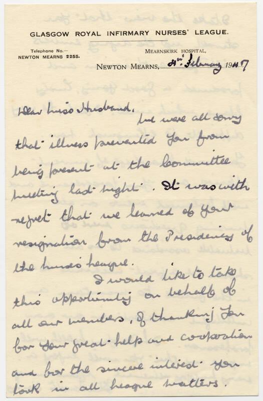 To Matron Marget Husband on Her Resigning from the Presidency of the Glasgow Royal Infirmary Nu…