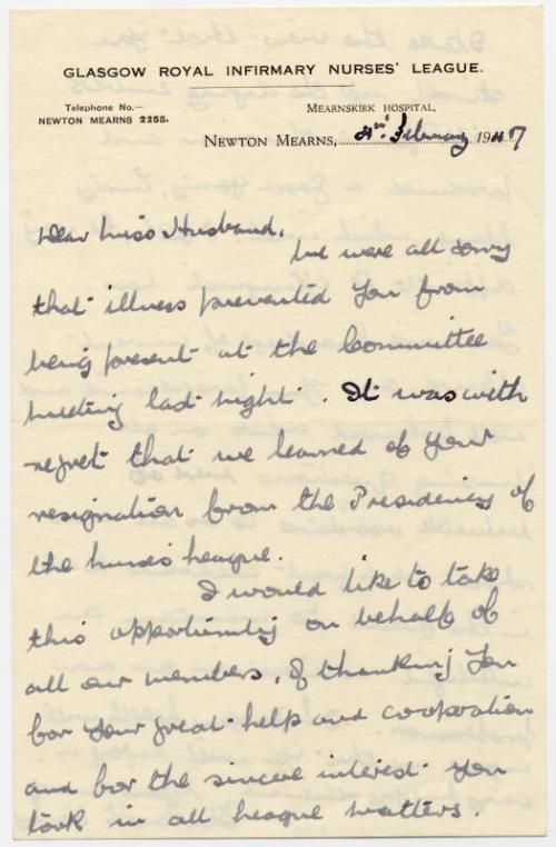 To Matron Marget Husband on Her Resigning from the Presidency of the Glasgow Royal Infirmary Nu…