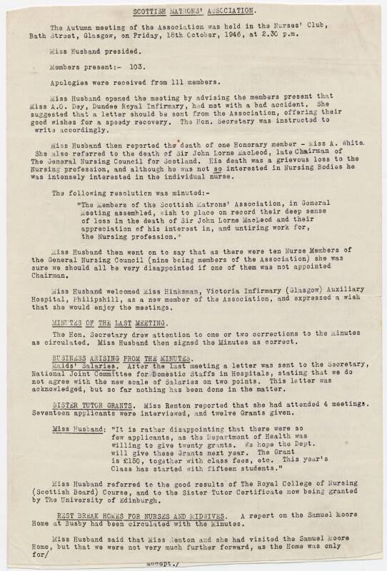 Scottish Matrons' Association Minutes