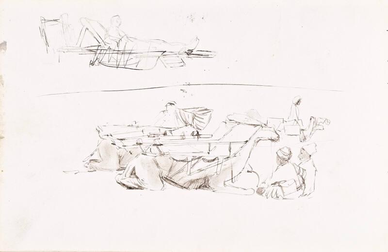 recto: Two Lansdscapes in Vignettes, Two Riders, verso:Man resting on Sunbed, Camels and Attendants Resting - leaf from Sketchbook - War