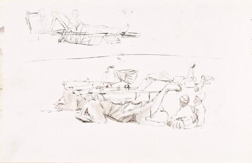 recto: Two Lansdscapes in Vignettes, Two Riders, verso:Man resting on Sunbed, Camels and Attendants Resting - leaf from Sketchbook - War