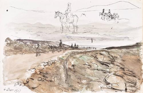 recto: Landscape, verso: Landscape watercolour with Troops - leaf from Sketchbook - War