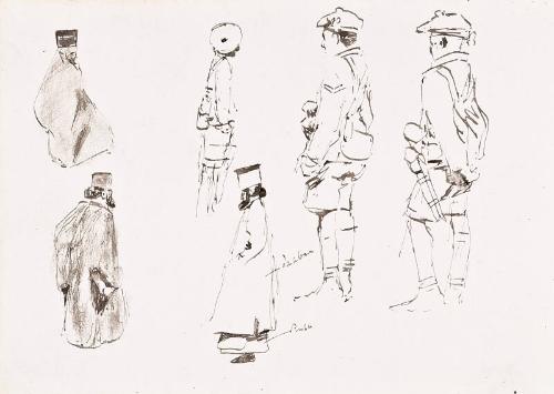 verso: three sketches of three figures in tradtional dress and three of a soldier with beret - leaf from Sketchbook - War