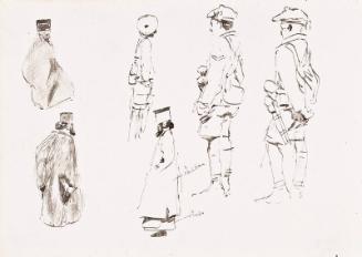 verso: three sketches of three figures in tradtional dress and three of a soldier with beret - leaf from Sketchbook - War