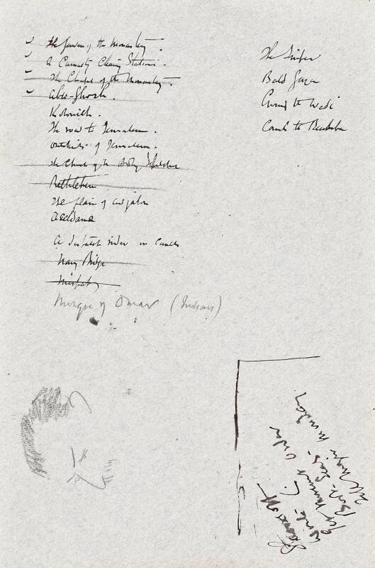 recto: sketch of a man with moustache and list of titles and place names - leaf from Sketchbook - War