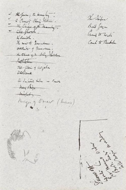 recto: sketch of a man with moustache and list of titles and place names - leaf from Sketchbook - War
