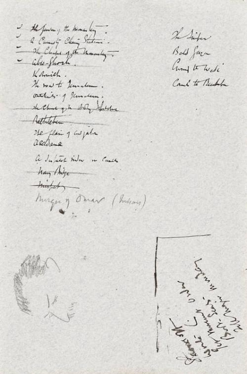 recto: sketch of a man with moustache and list of titles and place names - leaf from Sketchbook - War