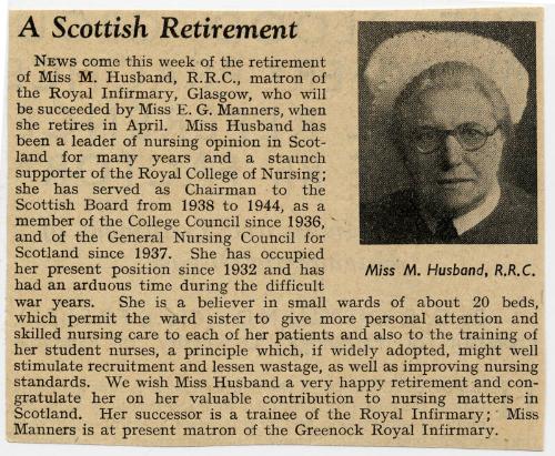 On the  Retirement of Matron Marget Husband