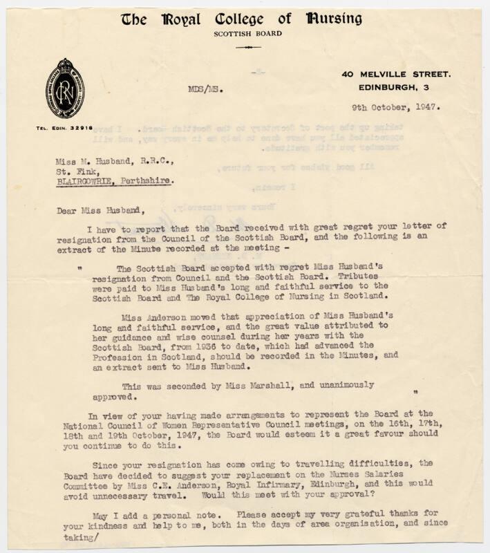 On Matron Marget Husband Resigning From the Council of the Royal College of Nursing