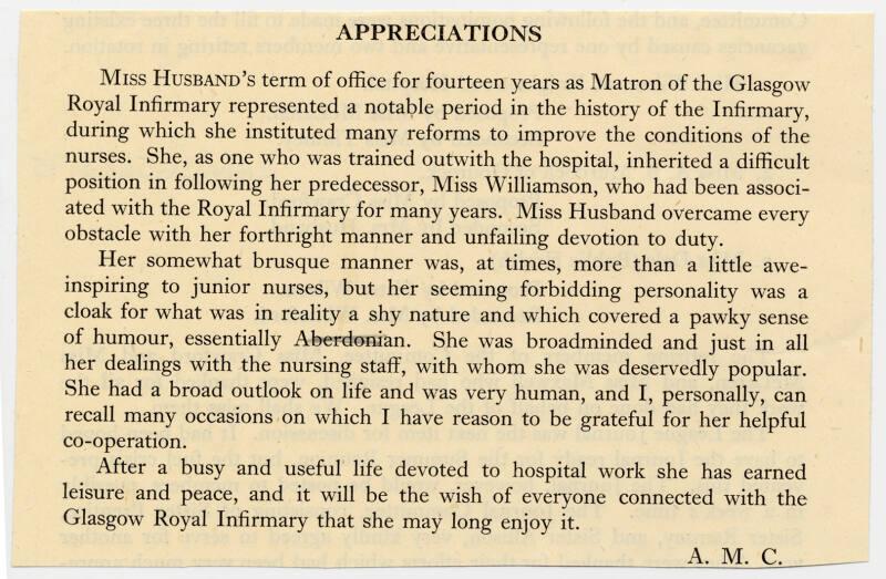 Appreciation of Matron Marget Husband Retiring from Glasgow Royal Infirmary