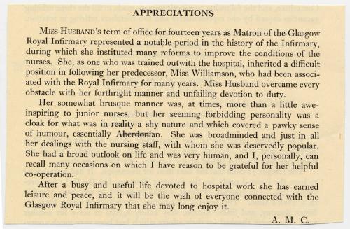 Appreciation of Matron Marget Husband Retiring from Glasgow Royal Infirmary
