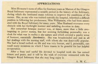 Appreciation of Matron Marget Husband Retiring from Glasgow Royal Infirmary