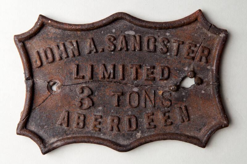 Maker’s Plate from Hand Crane of 3 Ton Capacity by John A Sangster Aberdeen Limited