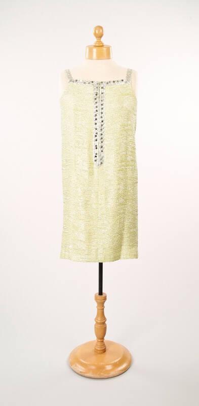 Lime green silk and silver lurex dress with sequins