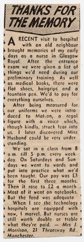 On Experiences Training at Glasgow Royal Infirmary Under Matron Marget Husband