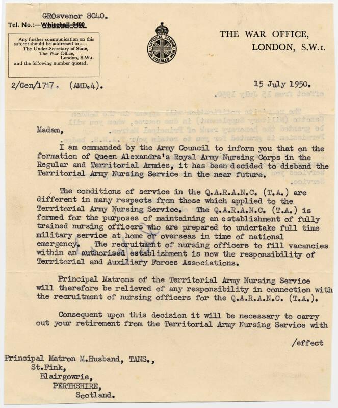 To Marget Husband on Her Being Retired From the Territorial Army Nursing Service