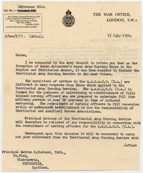 To Marget Husband on Her Being Retired From the Territorial Army Nursing Service