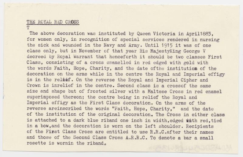 Matron Marget Husband, Royal Red Cross Medal Text