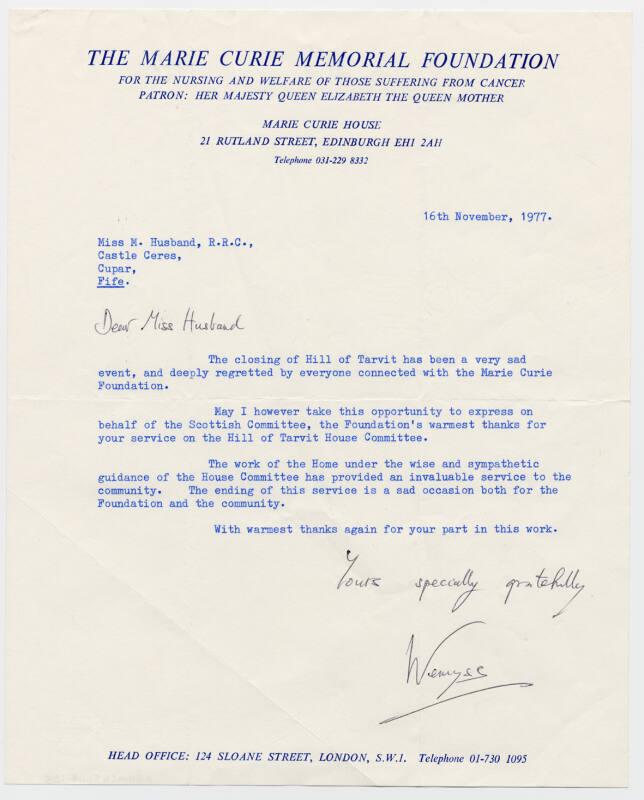 Matron Marget Husband Letter from The Marie Curie Memorial Foundation