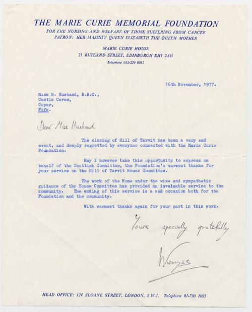 Matron Marget Husband Letter from The Marie Curie Memorial Foundation