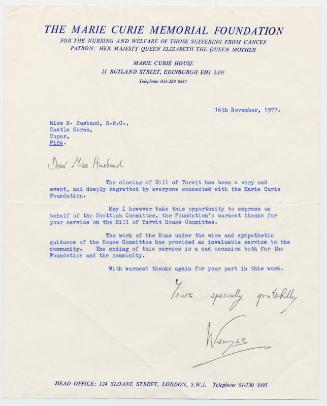 Matron Marget Husband Letter from The Marie Curie Memorial Foundation