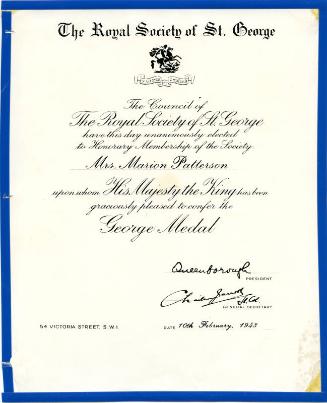 Honorary Membership Certificate (Royal Society of St George)