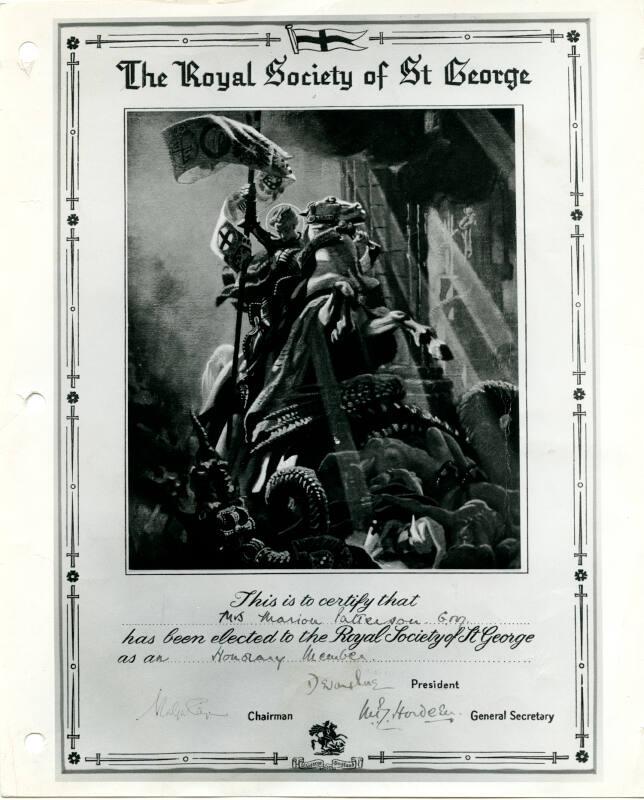 Photograph of Certificate of Membership (Royal Society of St George)