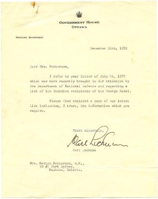 Letter from Canadian Honours Secretariat to Marion Patterson and List of GM Winners