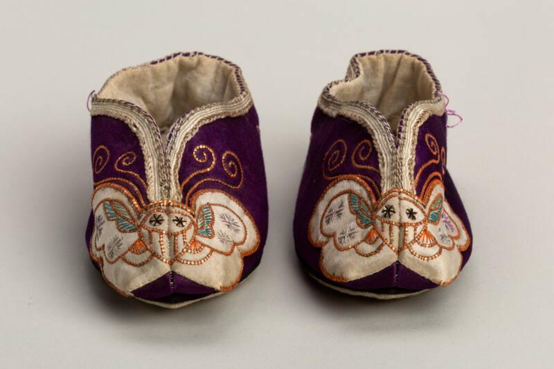 Chinese Purple and Gold Embroidered Shoes for Bound Feet