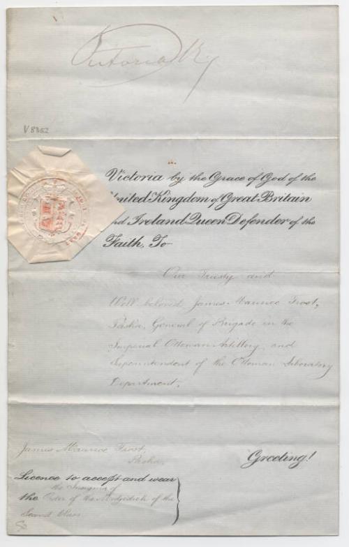 Royal Licence for the Insignia of the Order of the Medjidieh, Second Class, 8th October 1887