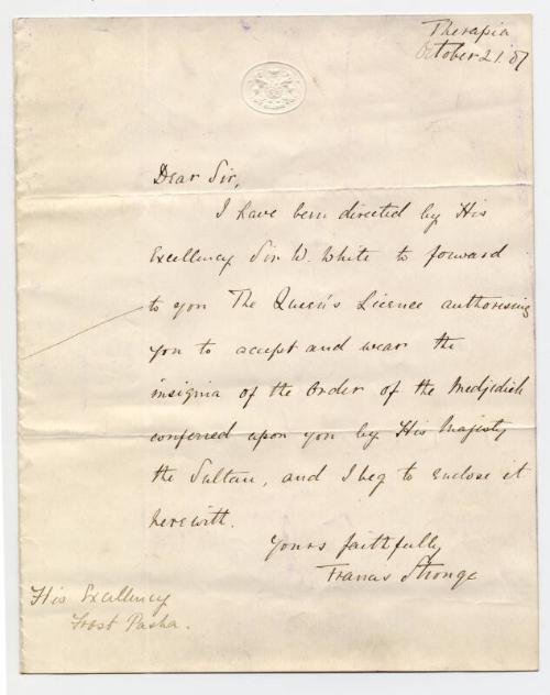 Document from Francis Stronge to inform Frost Pasha on the Queen's Licence, 21st October 1887