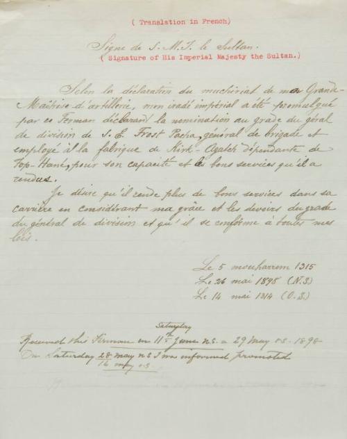 French Translation of Imperial Decree for Promotion to Lieut. General (Ferik Pasha), 26th May 1898