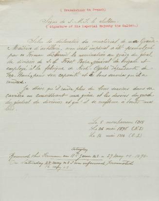 French Translation of Imperial Decree for Promotion to Lieut. General (Ferik Pasha), 26th May 1898