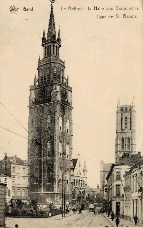 Gand - Street scene of bell tower, market place and St Bavon cathedral 