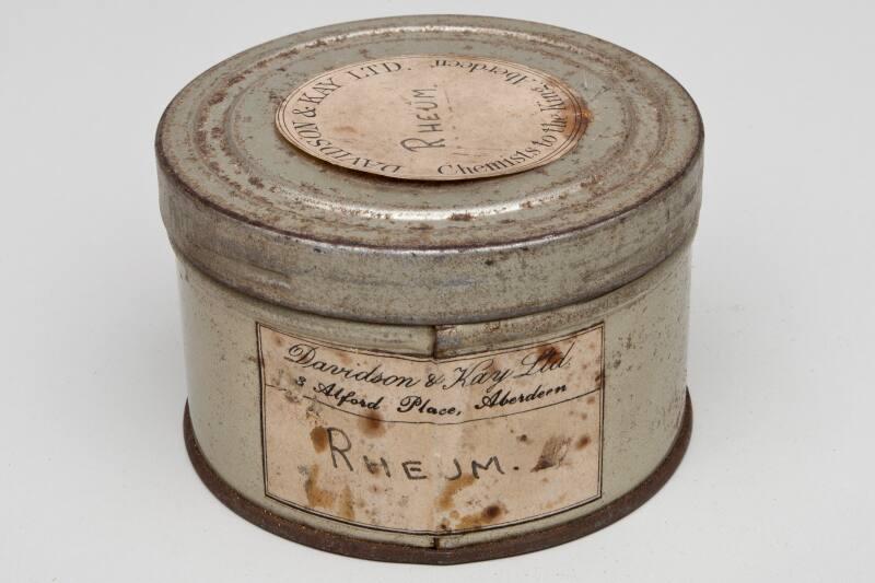 Circular Storage Tin Labelled RHEUM.