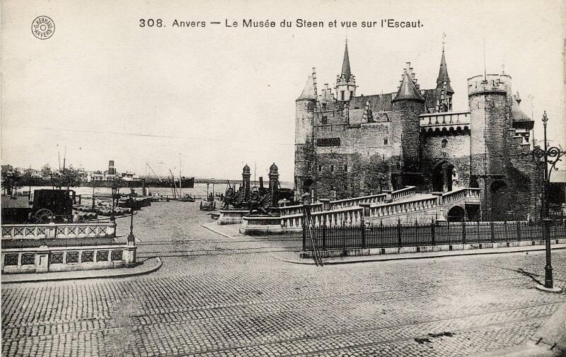 Anvers - Musee du Steen with view of ship and harbour in background 