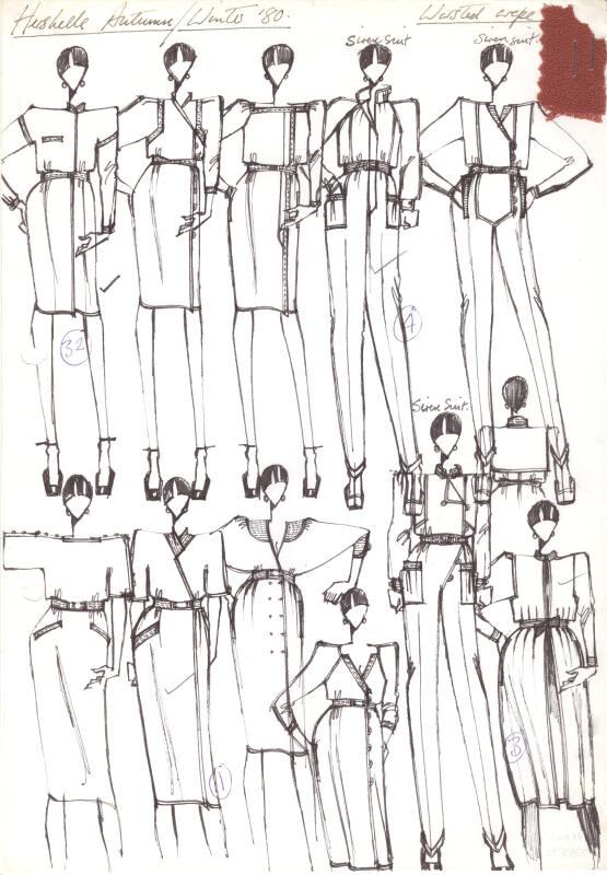 Multidrawing of Dresses and Jumpsuits for the Autumn/Winter 1980 Hershelle Collection