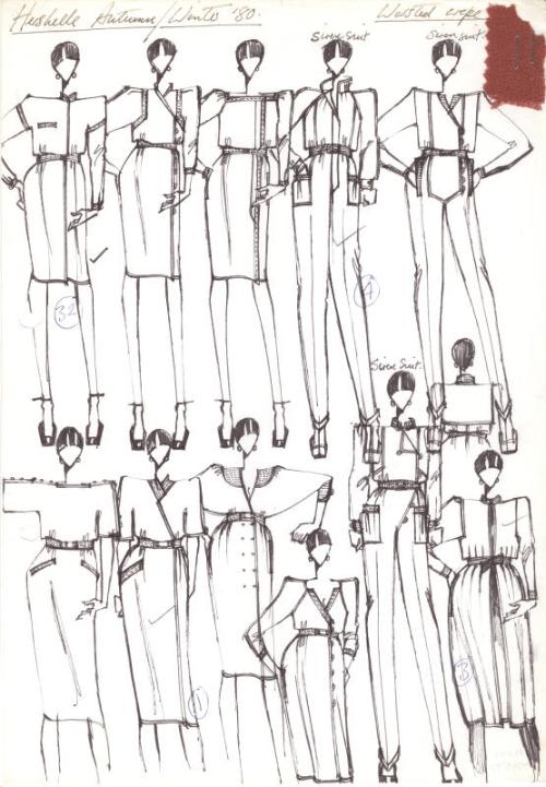 Multidrawing of Dresses and Jumpsuits for the Autumn/Winter 1980 Hershelle Collection