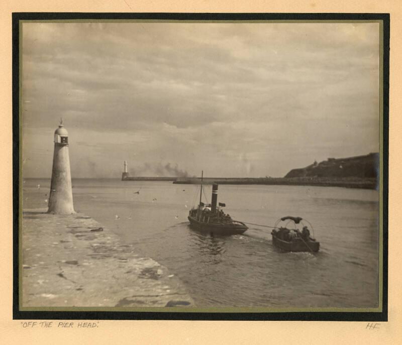 Large Black And White Photograph Entitled "Off The Pier Head" Showing A Tug Towing A Small Vess…