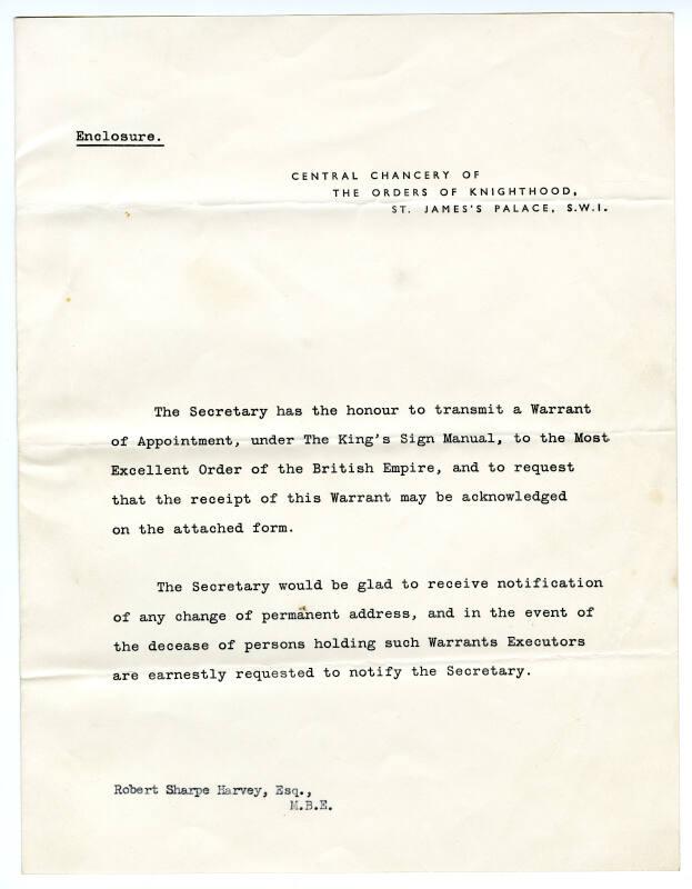 Letter of notification of award of the Most Excellent Order of the British Empire