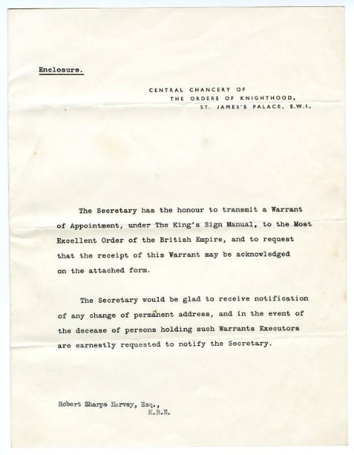 Letter of notification of award of the Most Excellent Order of the British Empire