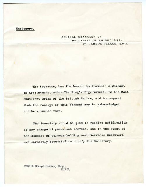 Letter of notification of award of the Most Excellent Order of the British Empire