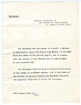 Letter of notification of award of the Most Excellent Order of the British Empire