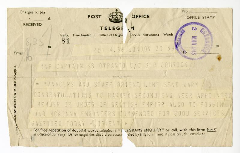 Congratulations to Harvey Second Engineer appointed Member of Order of British Empire