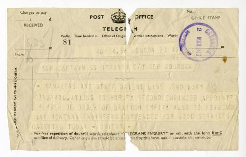 Congratulations to Harvey Second Engineer appointed Member of Order of British Empire