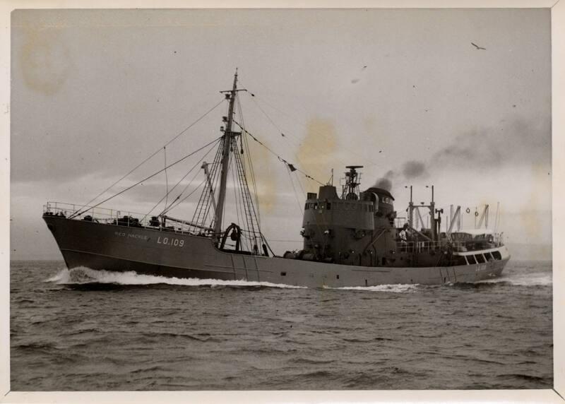 Black and white photograph showing port side view of the trawler Red Hackle