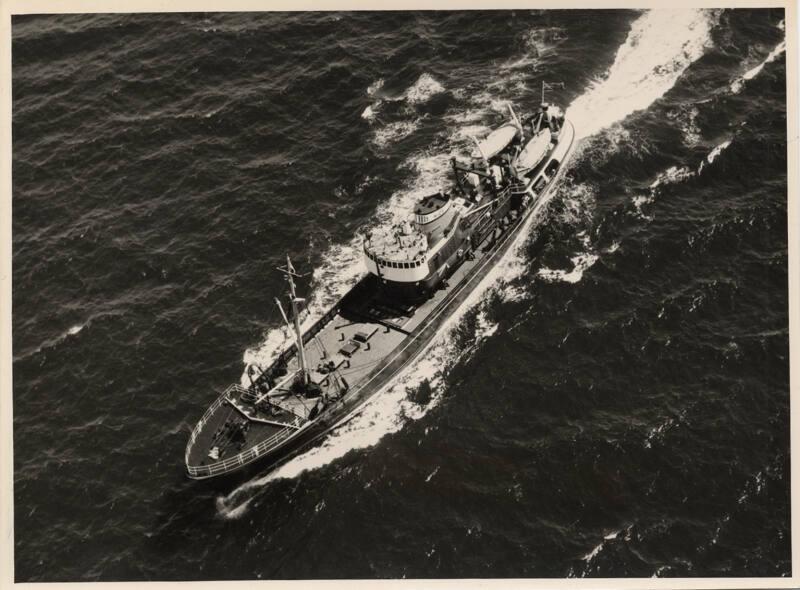 Black and white photograph showing aerial view of the trawler Lammermuir