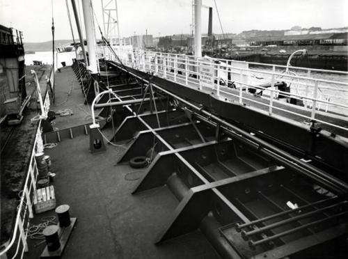 Black and white photograph of the upper deck on the Chemical Tanker Silverharrier