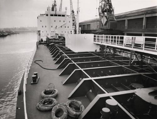 Black and white photograph of the upper deck on the Chemical Tanker Silverharrier