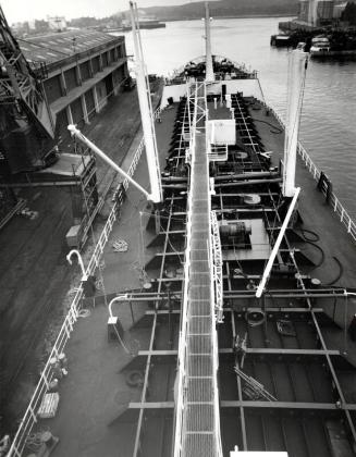 Black and white photograph of the upper deck on the Chemical Tanker Silverharrier